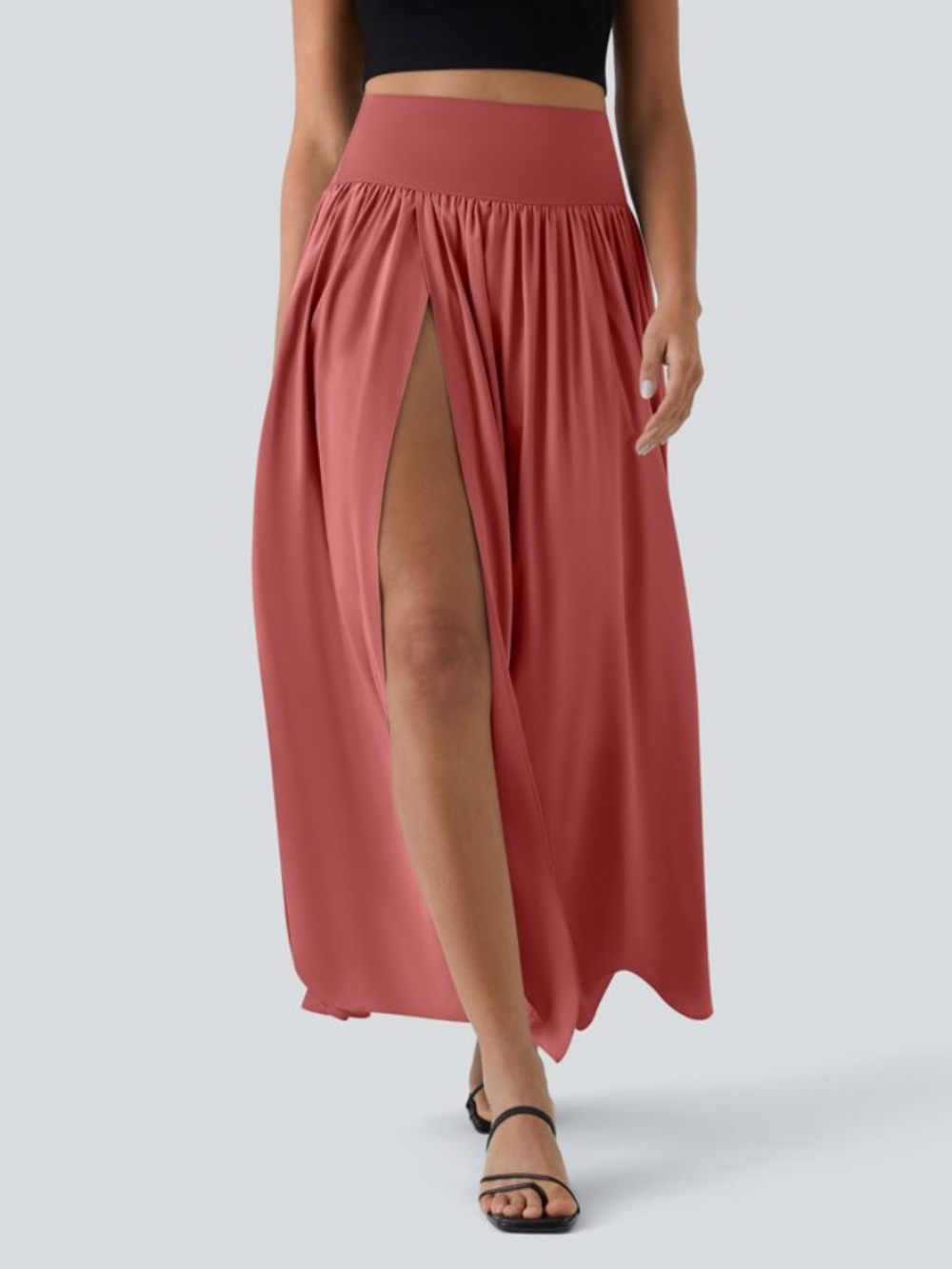 Halara Breezeful High Waisted Split 2-in-1 Flowy Maxi Skirt XL Rose Mauve